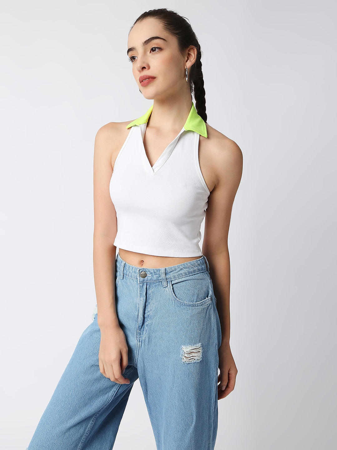 Disrupt Women White Collared Halter V Neck Black Slim Fit Crop Top