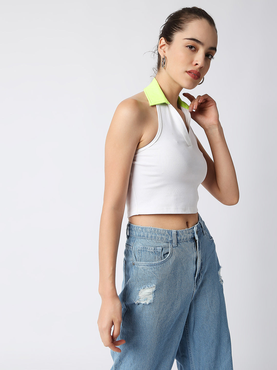 Disrupt Women White Collared Halter V Neck Black Slim Fit Crop Top