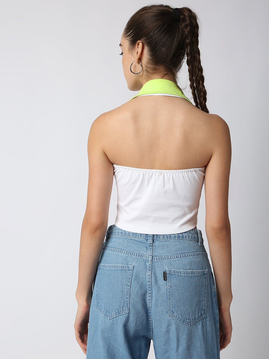 Disrupt Women White Collared Halter V Neck Black Slim Fit Crop Top