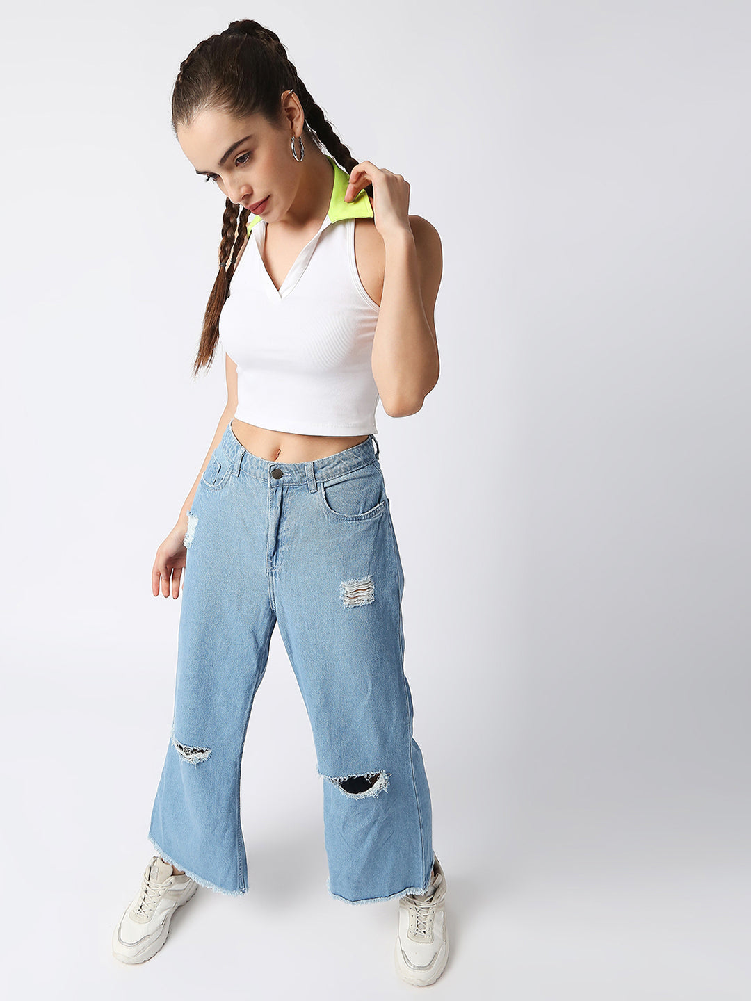 Disrupt Women White Collared Halter V Neck Black Slim Fit Crop Top