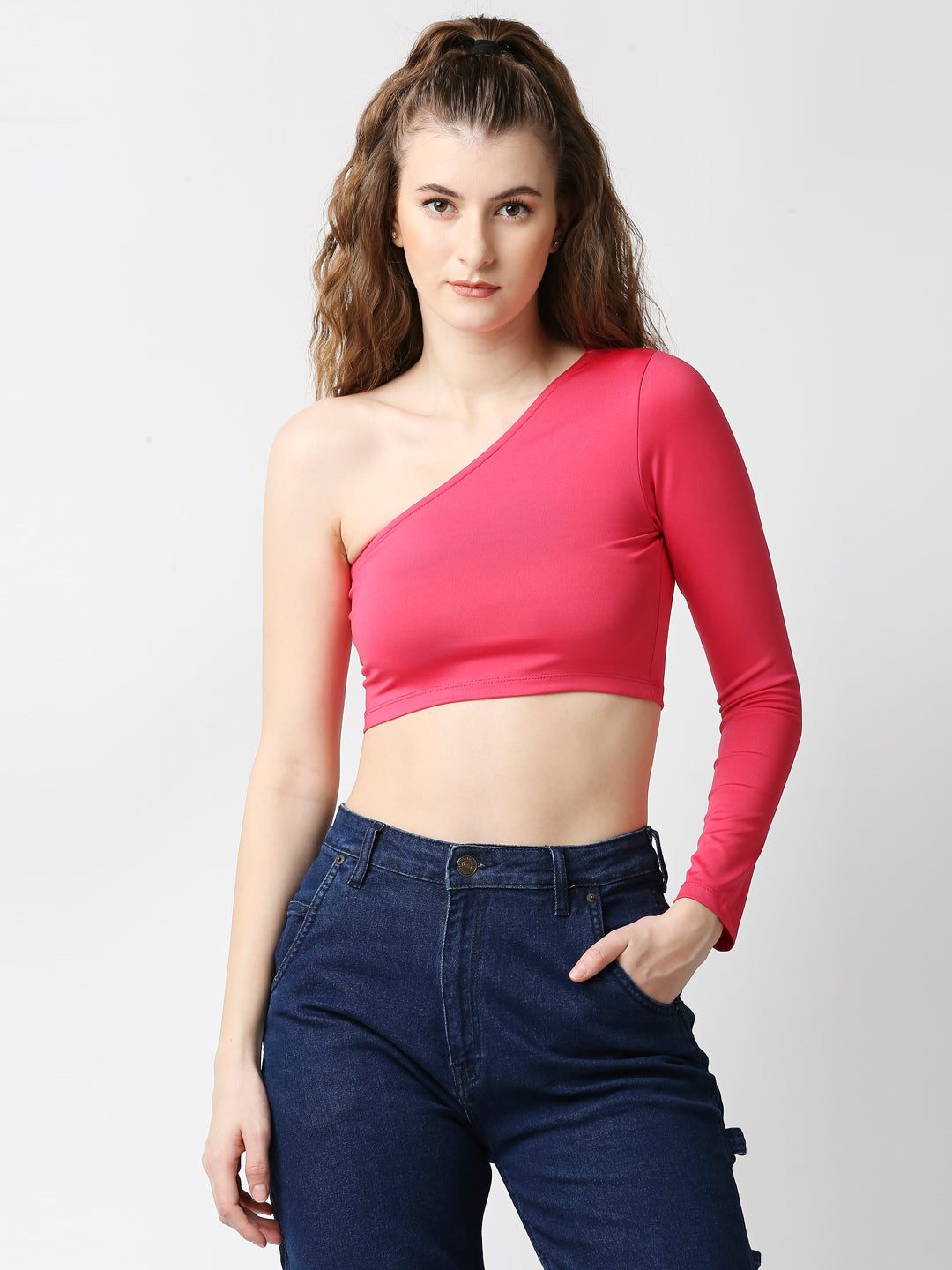 Disrupt Women Pink One Shoulder Slash Back Long Sleeve Slim Fit Crop Top