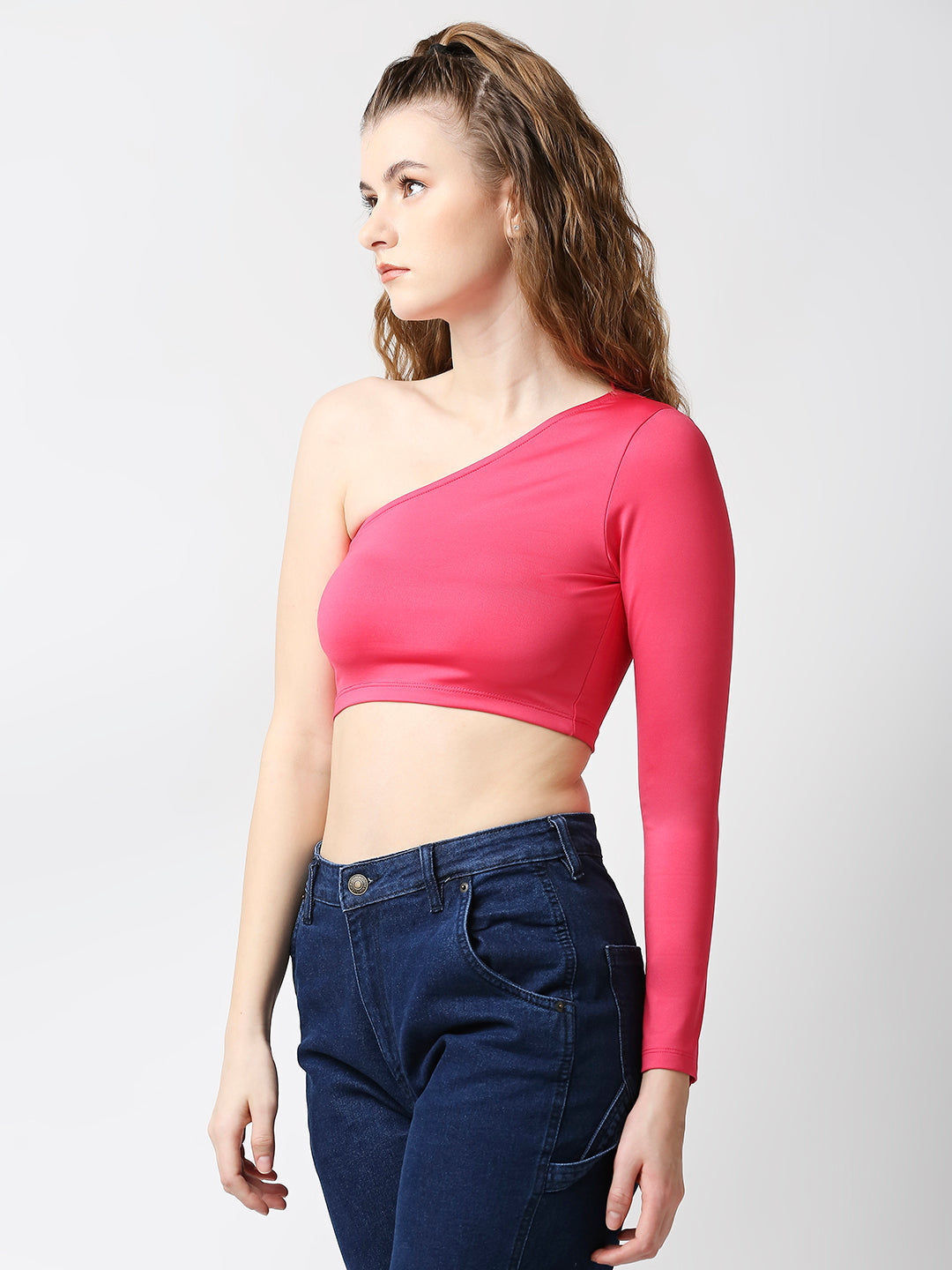 Disrupt Women Pink One Shoulder Slash Back Long Sleeve Slim Fit Crop Top