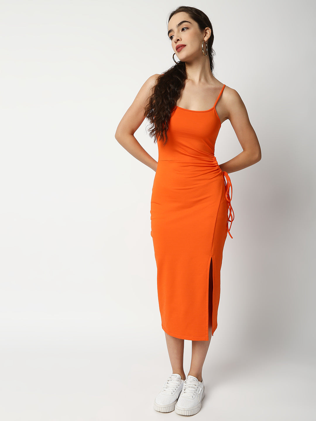 Disrupt Women Orange Side Tie-up Detail Strappy Midi Dress