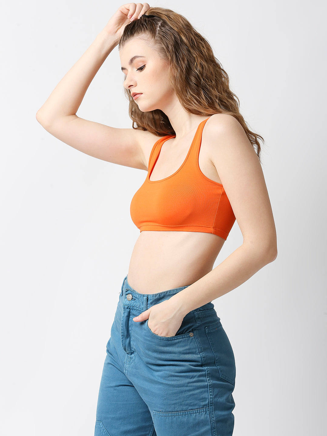 Disrupt Women Orange Summer Box Neck Slim Fit Super Crop Top