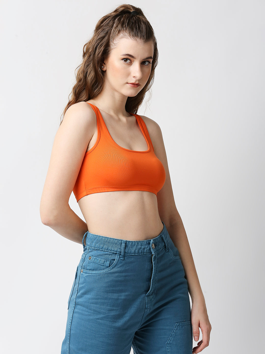 Disrupt Women Orange Summer Box Neck Slim Fit Super Crop Top