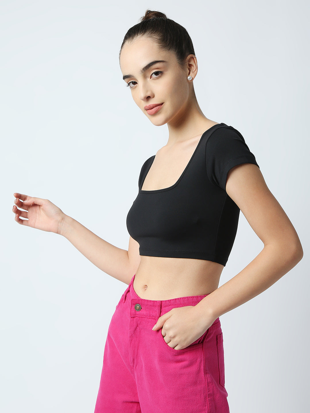 Disrupt Women Black Box Neck Slim Fit Smart Crop Top