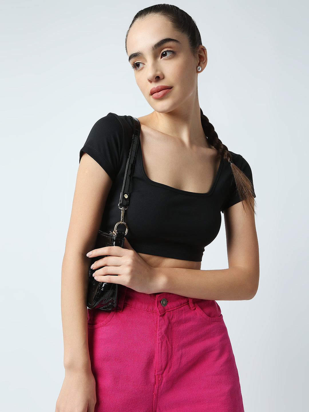 Disrupt Women Black Box Neck Slim Fit Smart Crop Top