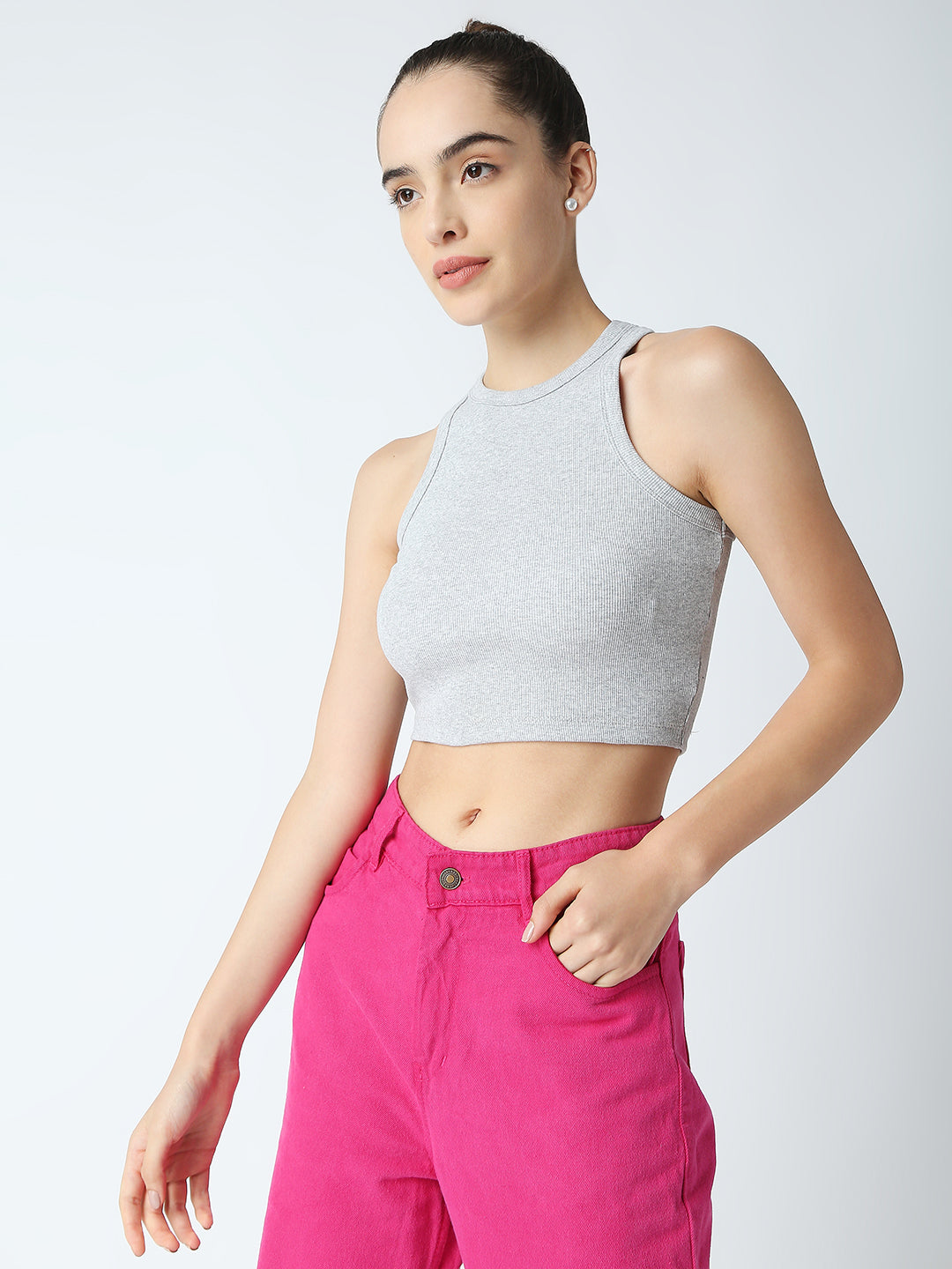 Disrupt Women Sleeveless Grey Ribbed Crop Top