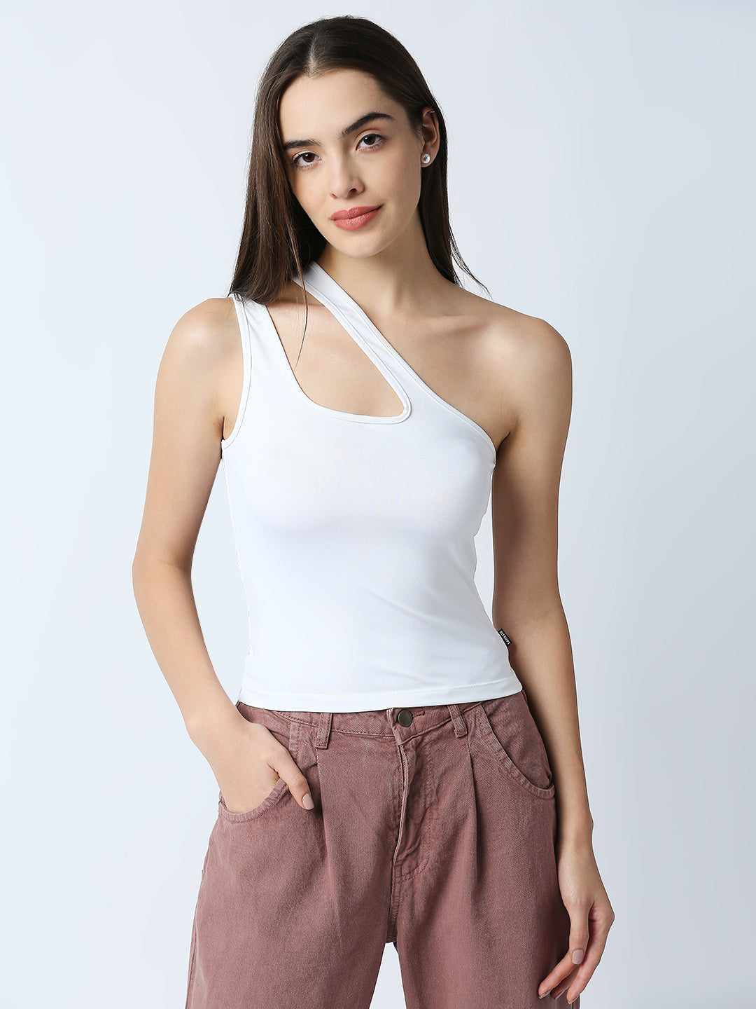 Disrupt Women White One-Shoulder Cut-Out Square Neck Slim Crop Top