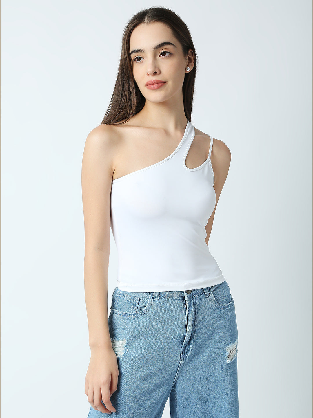 Disrupt Women White One-Shoulder Cut-Out Spaghetti Slim Crop Top
