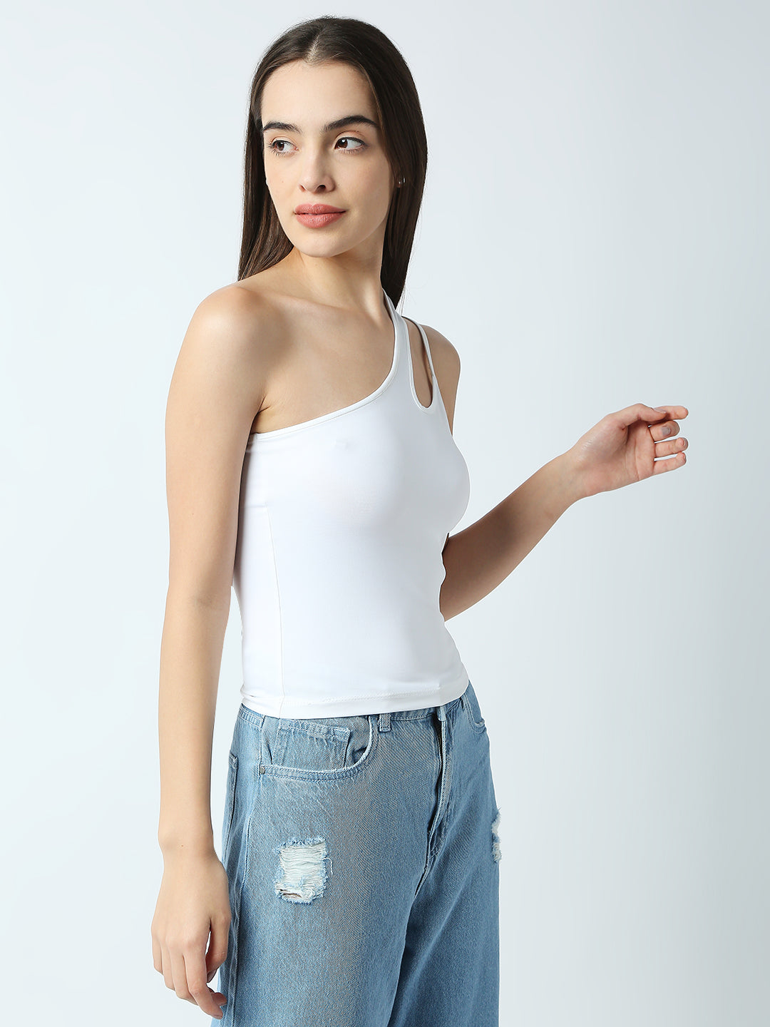 Disrupt Women White One-Shoulder Cut-Out Spaghetti Slim Crop Top