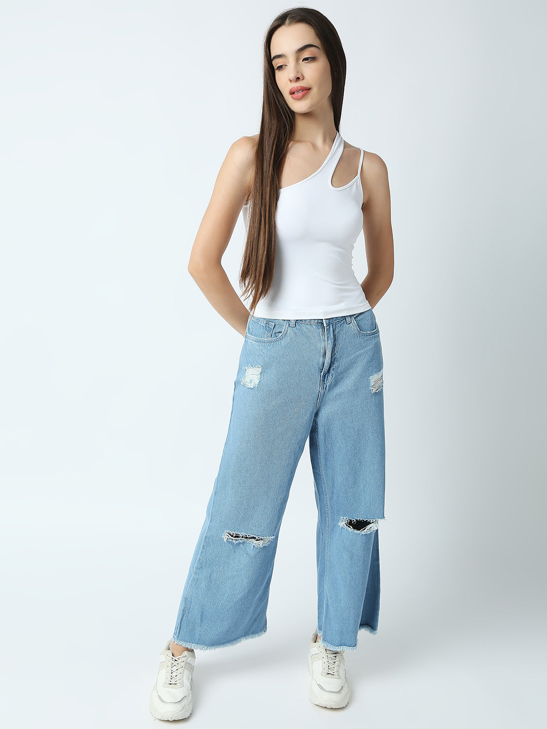 Disrupt Women White One-Shoulder Cut-Out Spaghetti Slim Crop Top