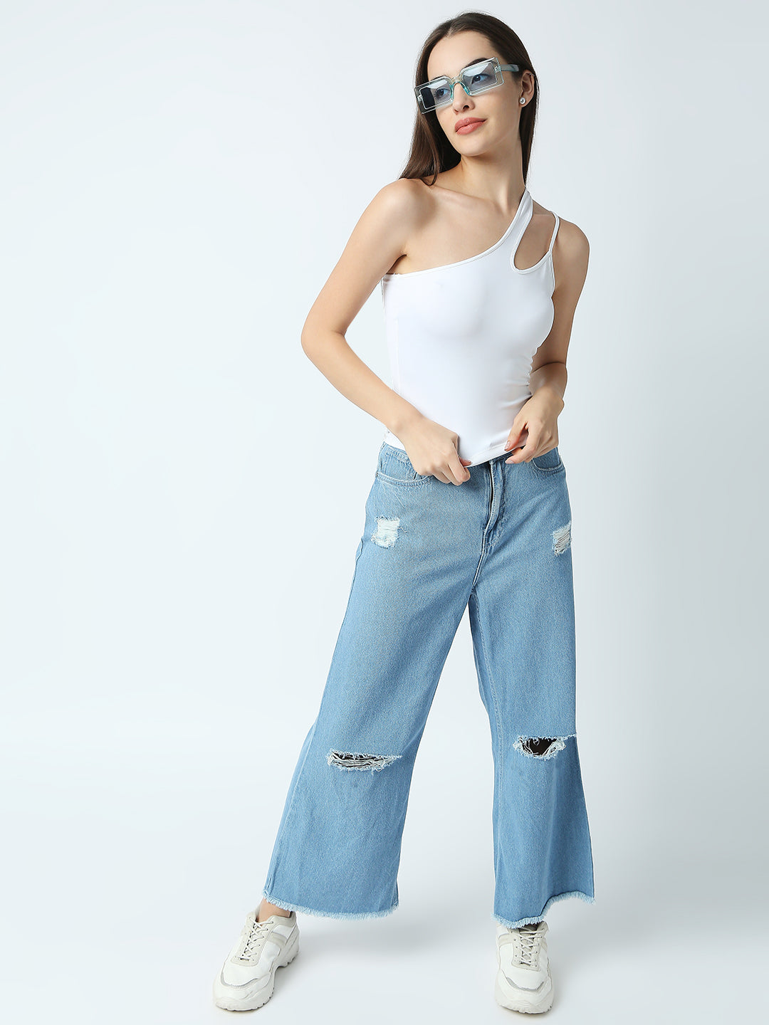 Disrupt Women White One-Shoulder Cut-Out Spaghetti Slim Crop Top