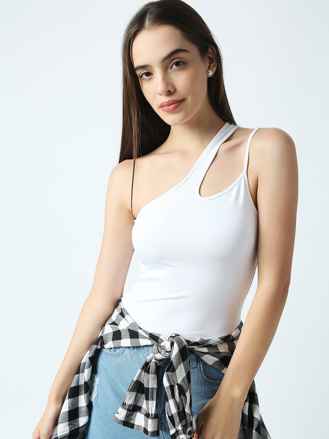 Disrupt Women White One-Shoulder Cut-Out Spaghetti Slim Crop Top