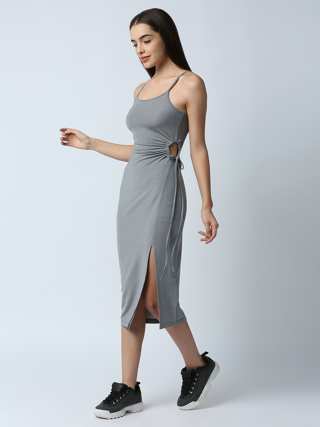 Disrupt Women Grey Side Tie-up Detail Strappy Midi Dress