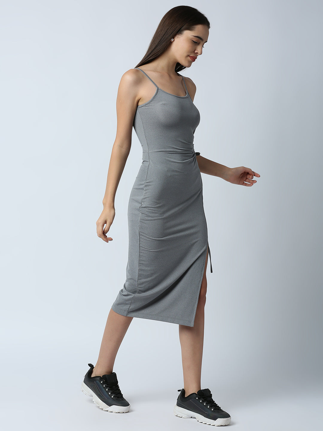Disrupt Women Grey Side Tie-up Detail Strappy Midi Dress