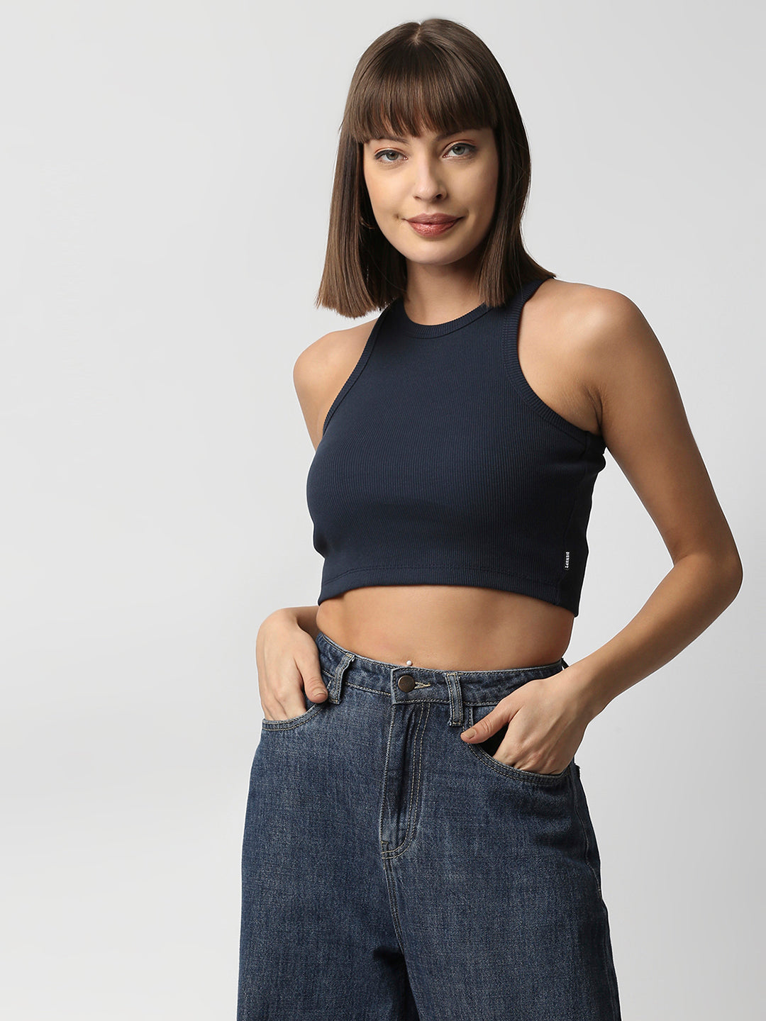 Disrupt Women Sleeveless Navy Ribbed Crop Top