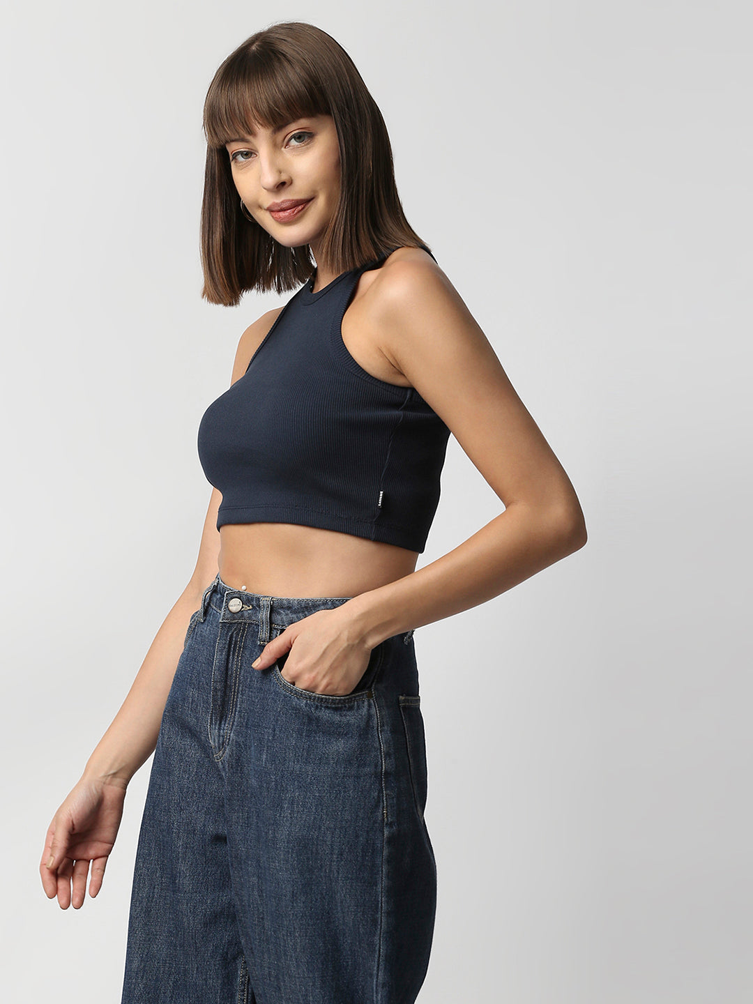 Disrupt Women Sleeveless Navy Ribbed Crop Top