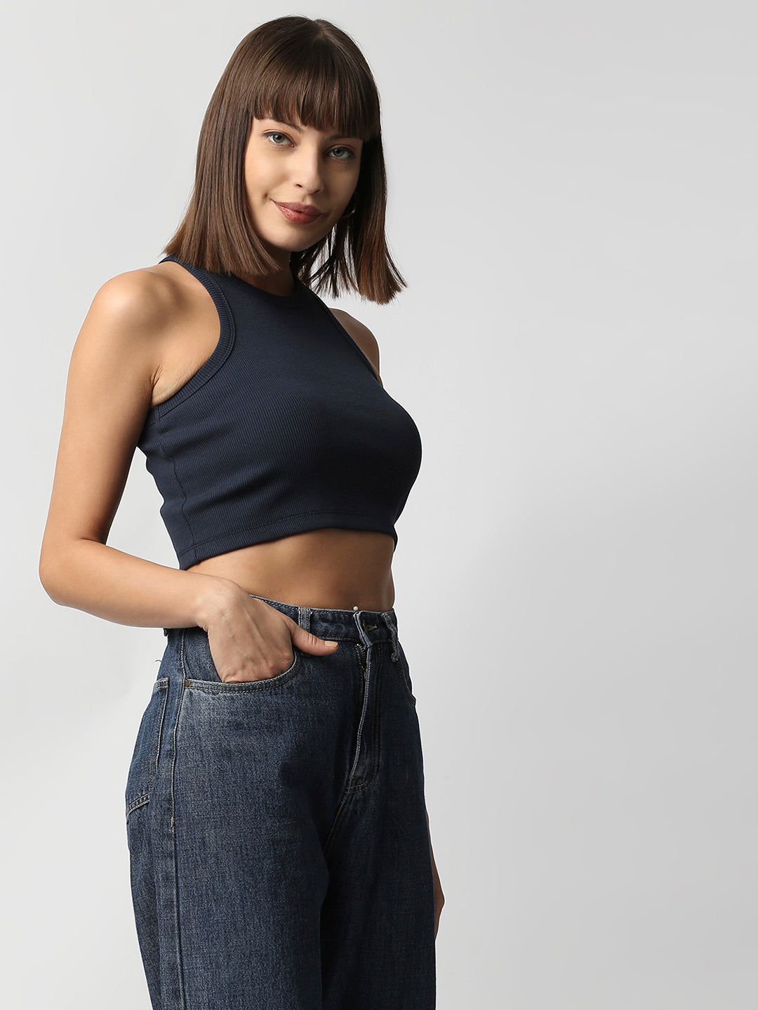 Disrupt Women Sleeveless Navy Ribbed Crop Top