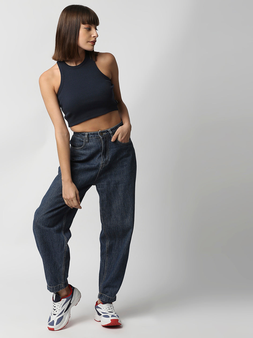 Disrupt Women Sleeveless Navy Ribbed Crop Top