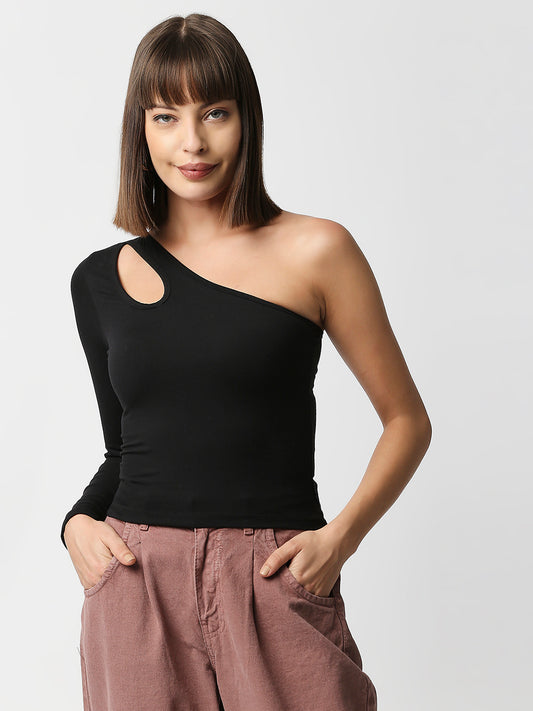 Disrupt Women Black One Shoulder Cut-Out Neck Slim Crop Top