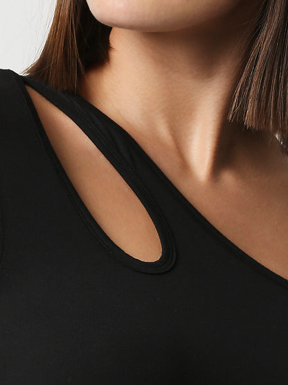 Disrupt Women Black One Shoulder Cut-Out Neck Slim Crop Top