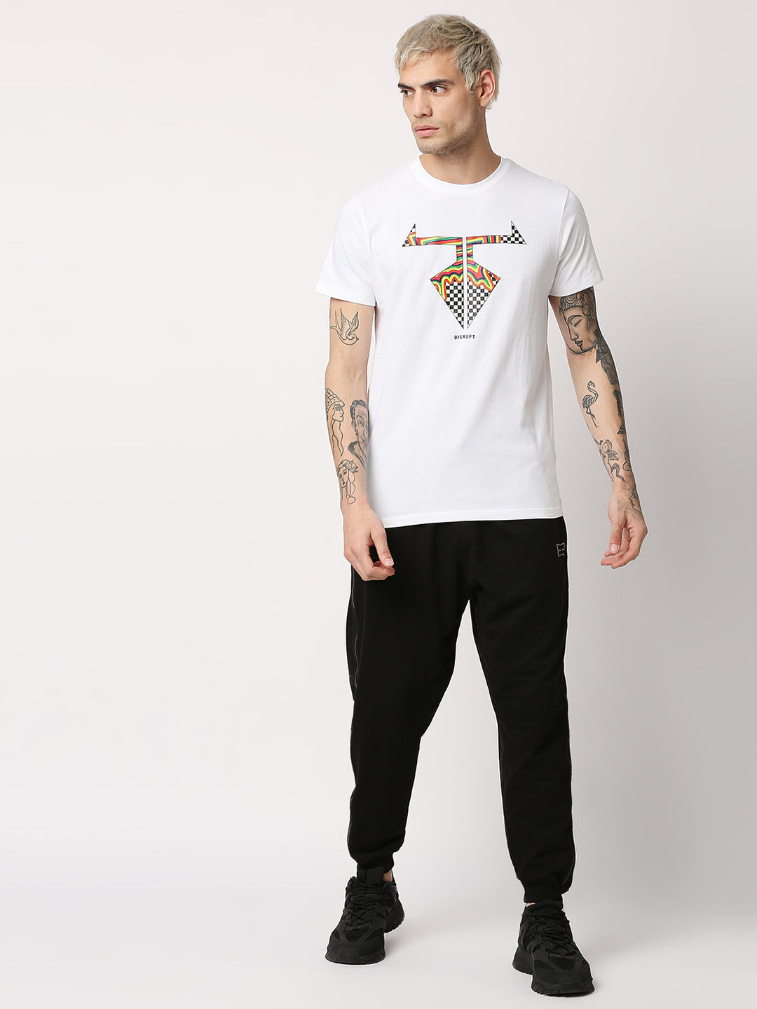 Disrupt Mens White Half Sleeve Cheks Logo Printed T-shirt