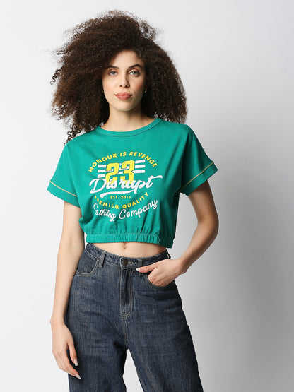 Disrupt Women Extended Shoulder Green Cropped Graphic T-shirt
