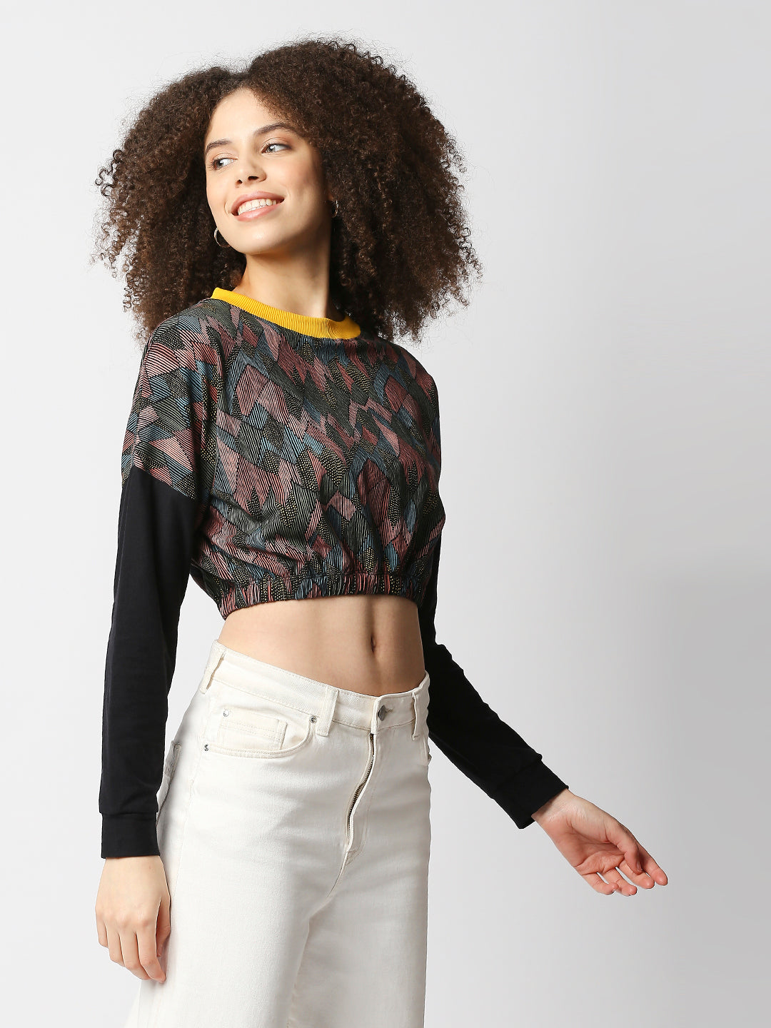 Disrupt Women Black Printed Drop Shoulder Boxy Crop T-shirt for Women