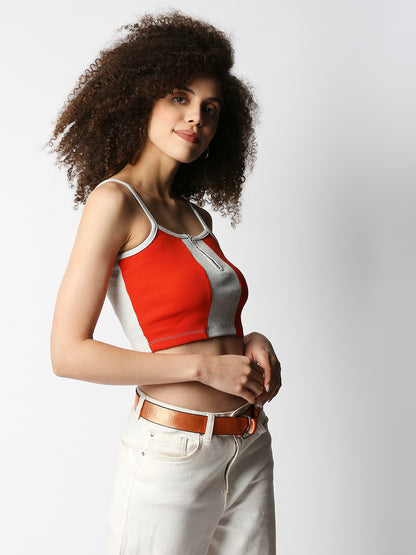 Disrupt Women's Red Colorblock Crop Top In Rib (Without Padding)
