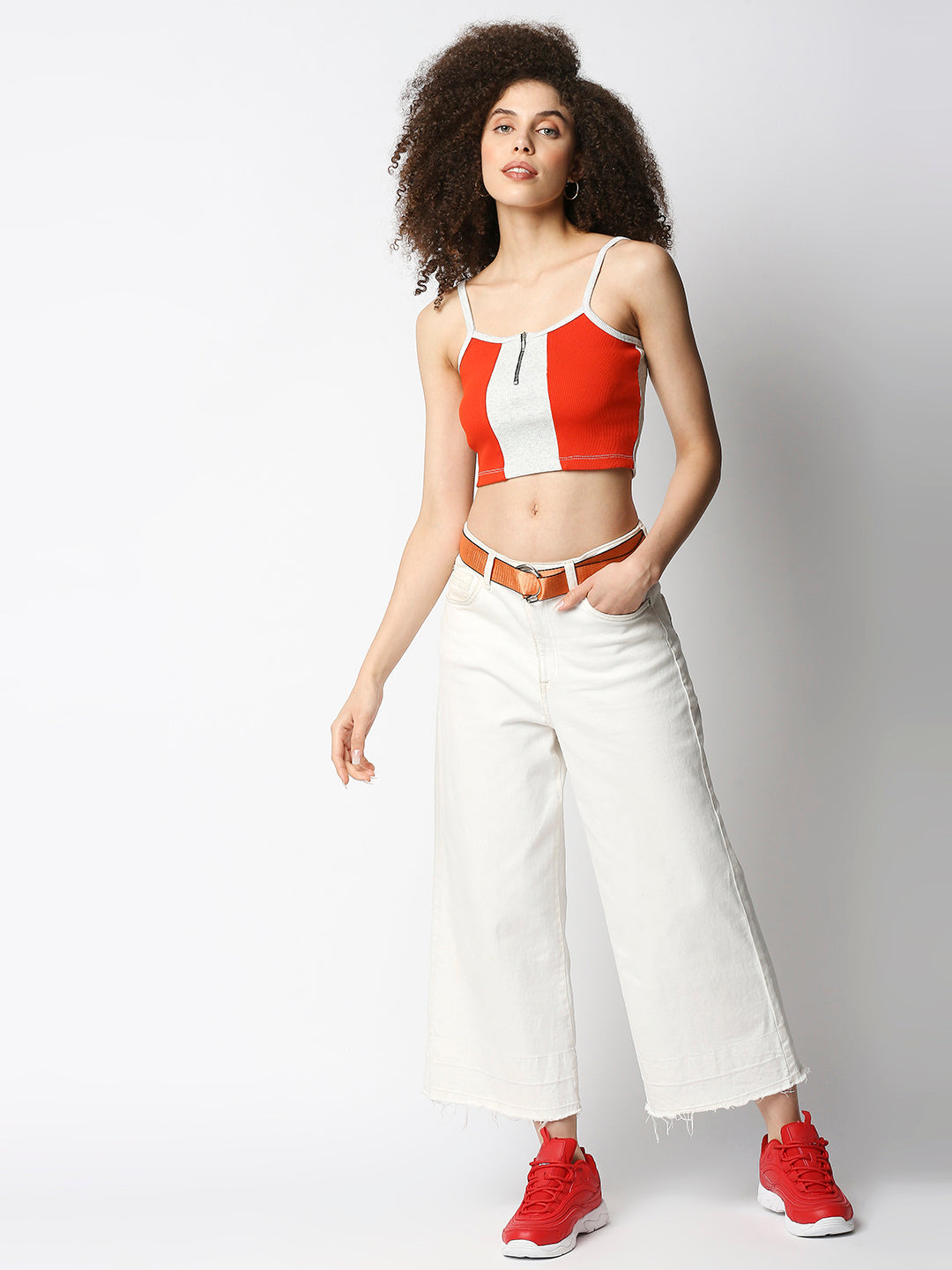 Disrupt Women's Red Colorblock Crop Top In Rib (Without Padding)