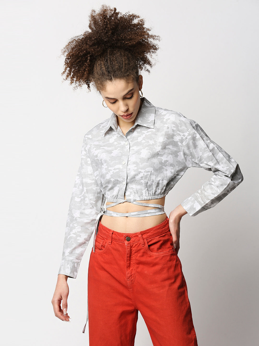 Disrupt Women Grey Camouflage Tie-up Cropped Shirt