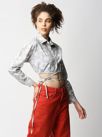 Disrupt Women Grey Camouflage Tie-up Cropped Shirt