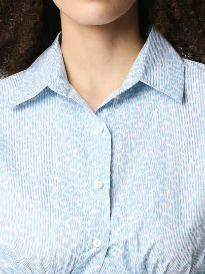 Disrupt Women Light Blue Animal Print Tie-up Cropped Shirt