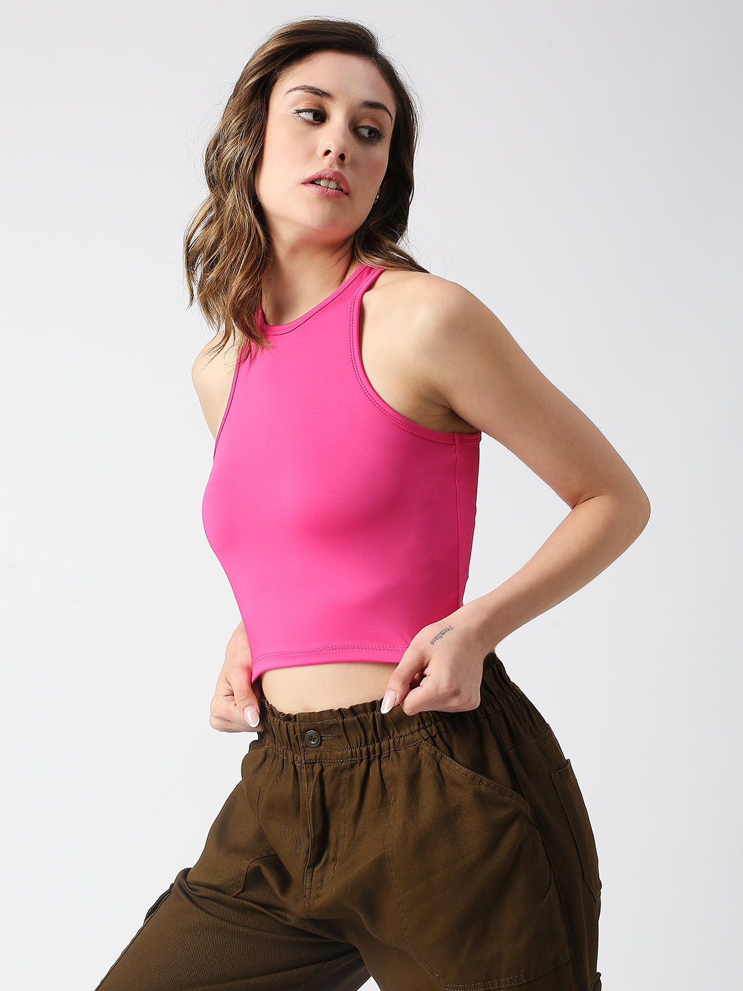 DISRUPT WOMEN PINK HIGH NECK RACER BACK SLIM FIT CROP TOP