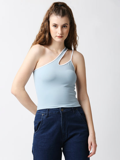 Disrupt Women Baby Blue One-Shoulder Cut-Out Spaghetti Slim Crop Top