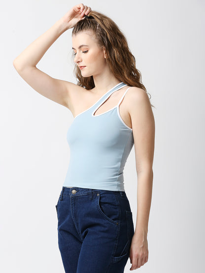Disrupt Women Baby Blue One-Shoulder Cut-Out Spaghetti Slim Crop Top