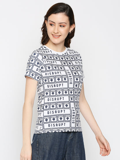 Disrupt White Cotton Half Sleeve All-over printed T-Shirt for Women