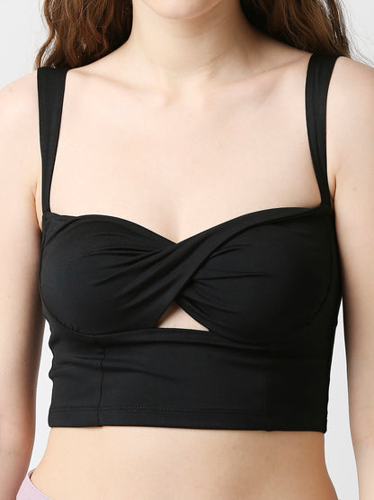 Disrupt Women Black Twisted Strappy Slim Fit Crop Top With Cups