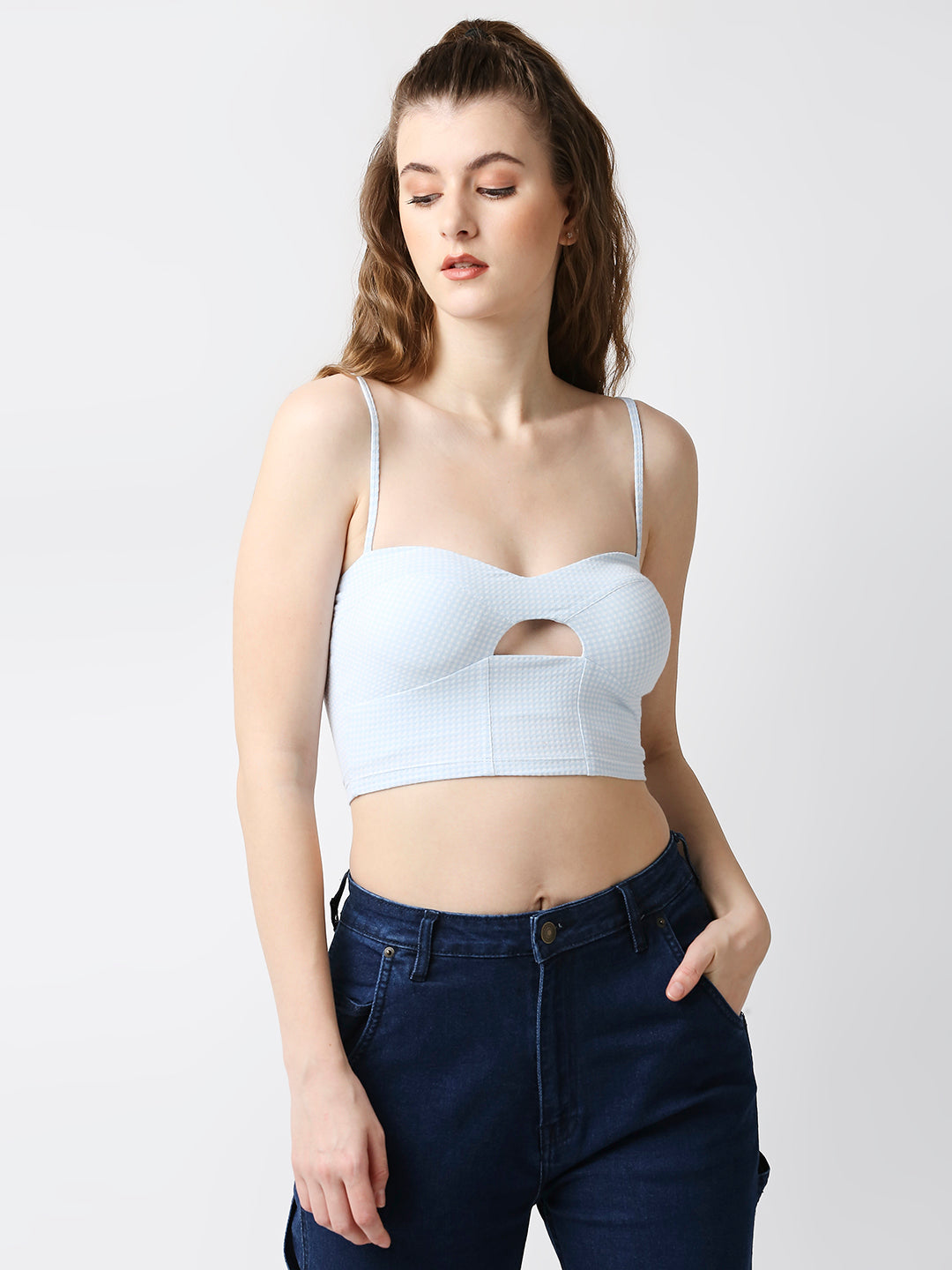 Disrupt Women Baby Blue Checkered Spaghetti Slim Fit Crop Top With Cups