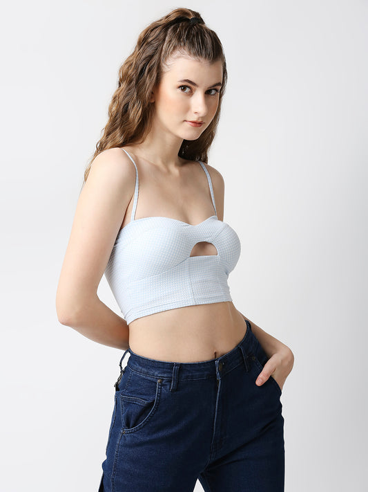 Disrupt Women Baby Blue Checkered Spaghetti Slim Fit Crop Top With Cups