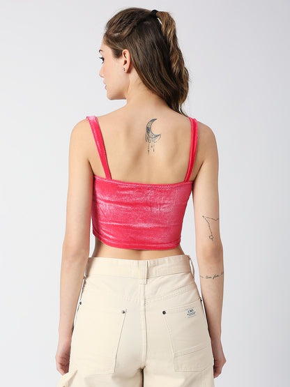 DISRUPT WOMEN PINK VELVET STRAPPY SLIM FIT TWISTED CROP TOP WITH CUPS