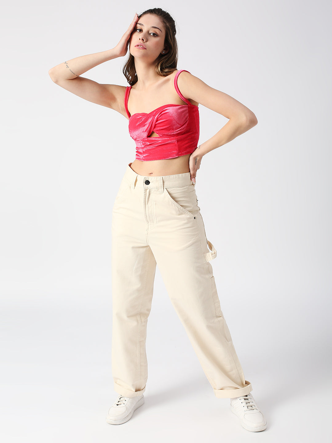 DISRUPT WOMEN PINK VELVET STRAPPY SLIM FIT TWISTED CROP TOP WITH CUPS