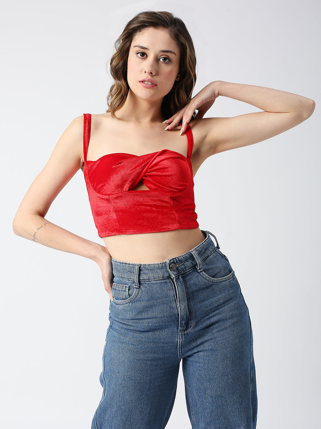 DISRUPT WOMEN RED VELVET STRAPPY SLIM FIT TWISTED CROP TOP WITH CUPS