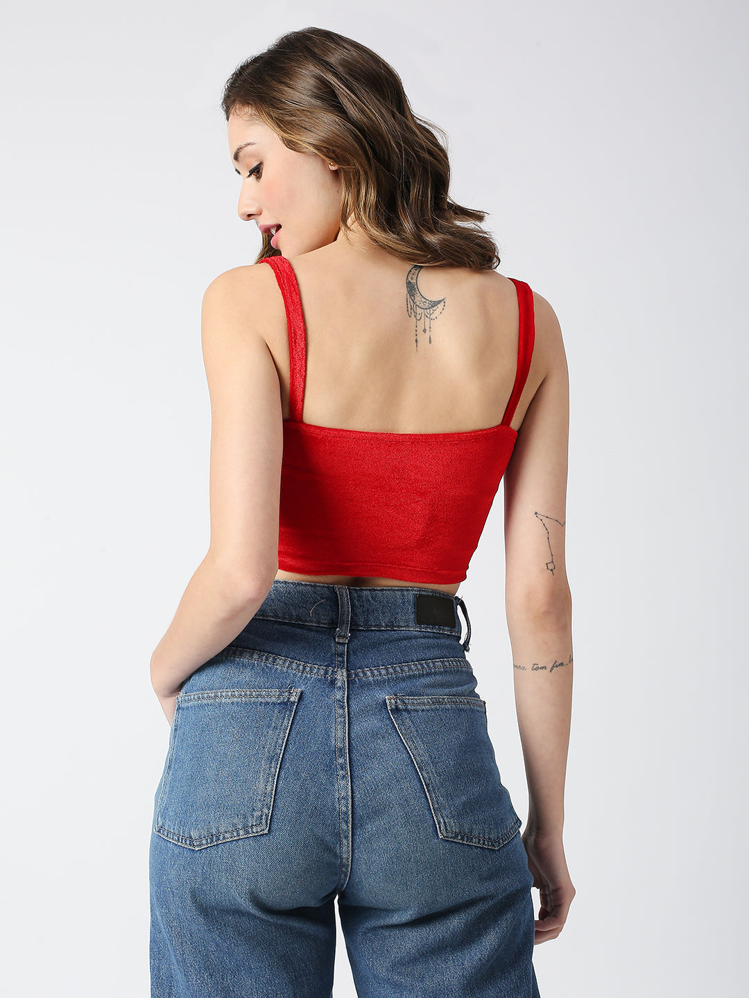 DISRUPT WOMEN RED VELVET STRAPPY SLIM FIT TWISTED CROP TOP WITH CUPS