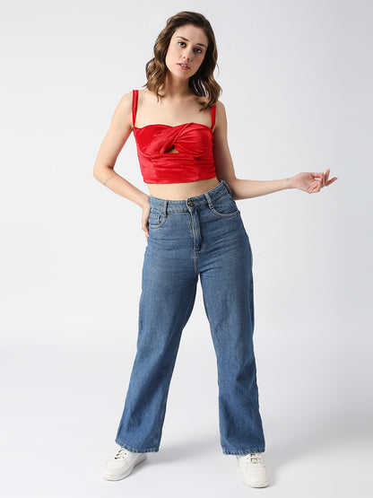 DISRUPT WOMEN RED VELVET STRAPPY SLIM FIT TWISTED CROP TOP WITH CUPS