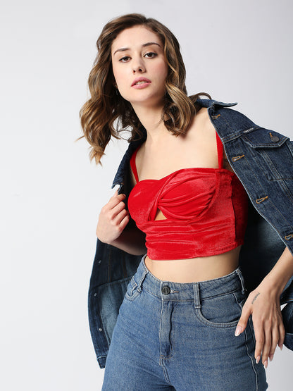 DISRUPT WOMEN RED VELVET STRAPPY SLIM FIT TWISTED CROP TOP WITH CUPS