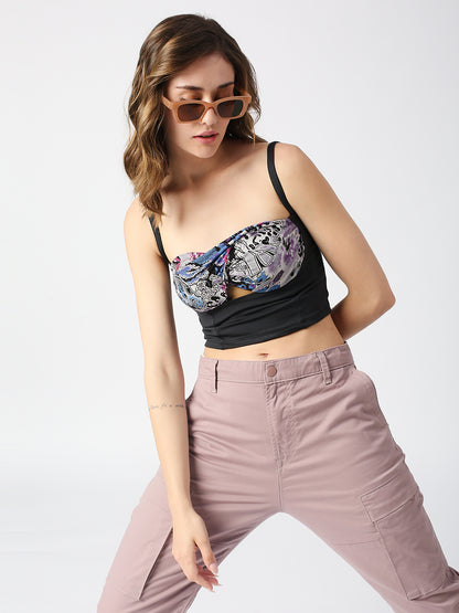 DISRUPT WOMEN BLACK ANIMAL PRINT STRAPPY SLIM FIT TWISTED CROP TOP WITH CUPS