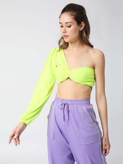 DISRUPT WOMEN NEON GREEN TWISTED ONE SHOULDER SLIM FIT PADDED SUPER CROP TOP