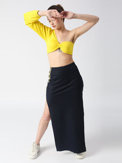 DISRUPT WOMEN YELLOW TWISTED ONE SHOULDER SLIM FIT PADDED SUPER CROP TOP